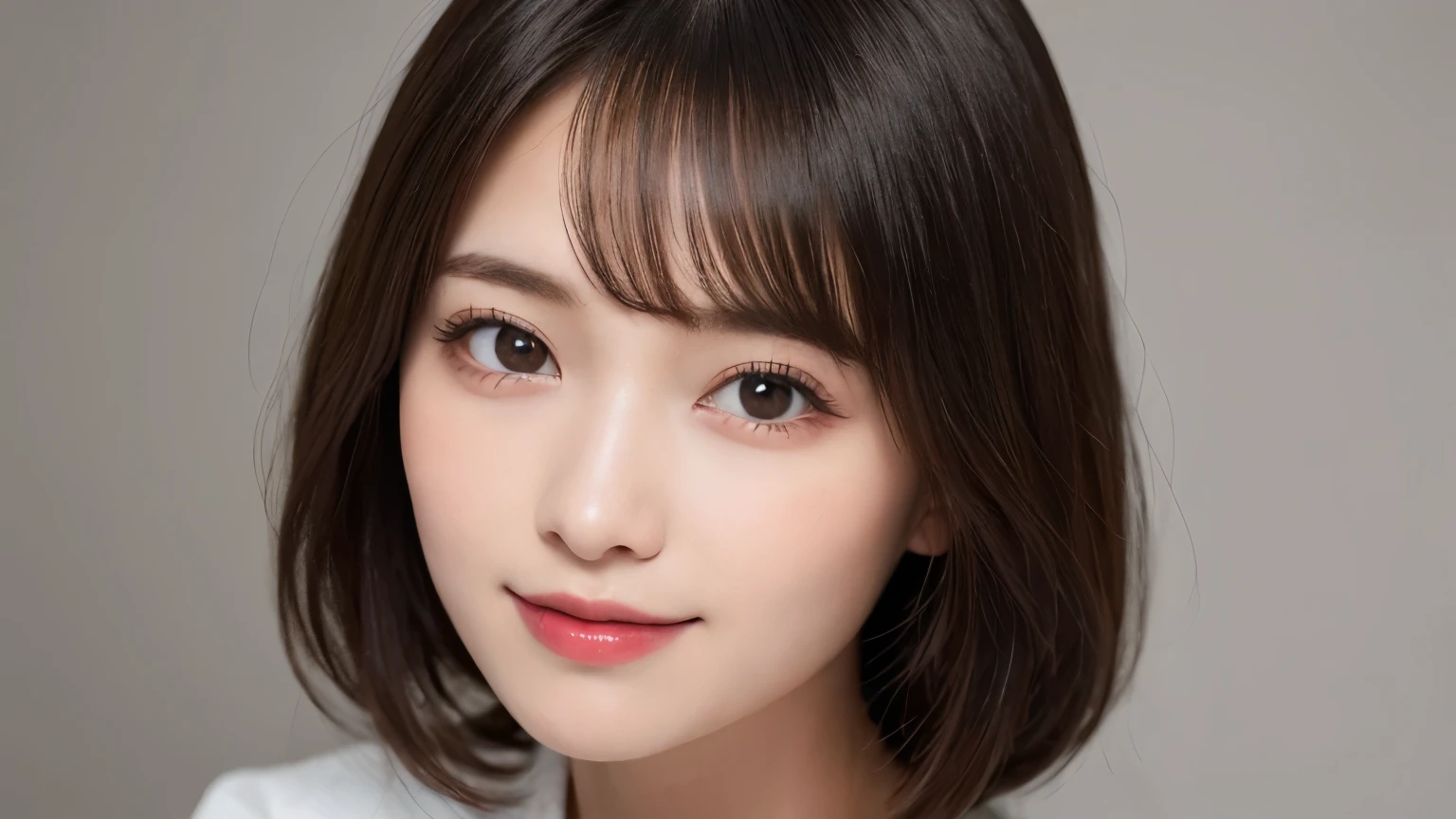 Silver Background, Full body portrait, Looks very happy, smile, One Girl, (Beautiful girl, Delicate girl:1.3), (20-year-old:1.3), (Black Suit、White blouse), Very beautiful eyes, (Symmetrical eyes:1.3), D cup breasts, Brown eyes, Parted bangs, short hair, (Eye and facial details:1.0), (masterpiece, Highest quality, Super detailed, Detailed face, 8k)