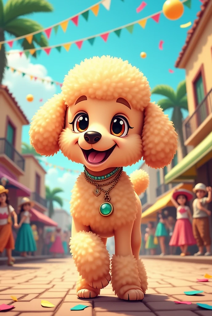 in cartoon style,  the cute male apricot poodle, strolling through the Brazilian carnival 