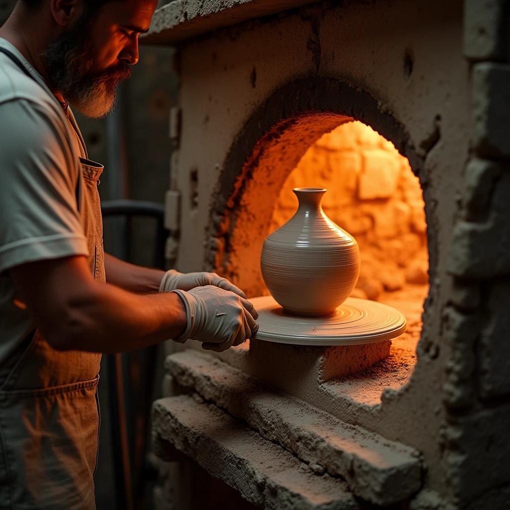 Firing pottery in a kiln.