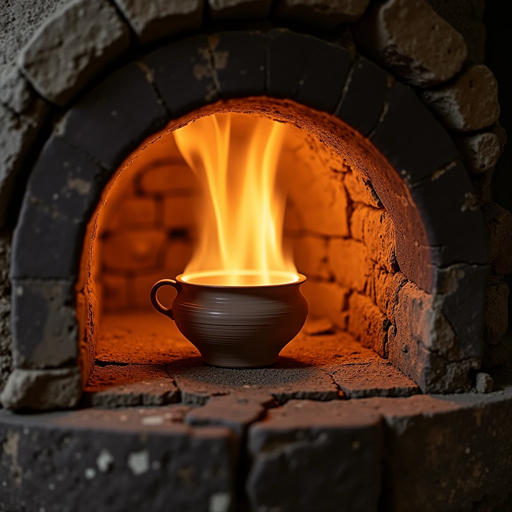 Firing pottery in a kiln.