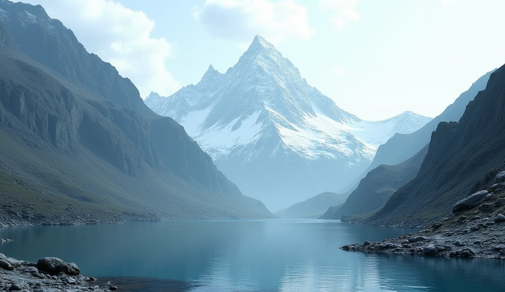 There is a deep river in front of a bare mountain with no plants(best quality,4K,8k,High level,masterpiece:1.2),Ultra Detailed,(lifelike,Photo real,Photo real:1.37)