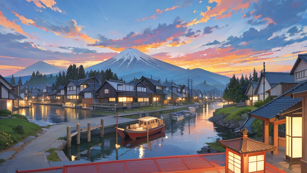 Japanese fishing town landscape, clouds, shops, carteleria, tranquillity, cats, Mar, wind, girl looking at the horizon, Sunset
