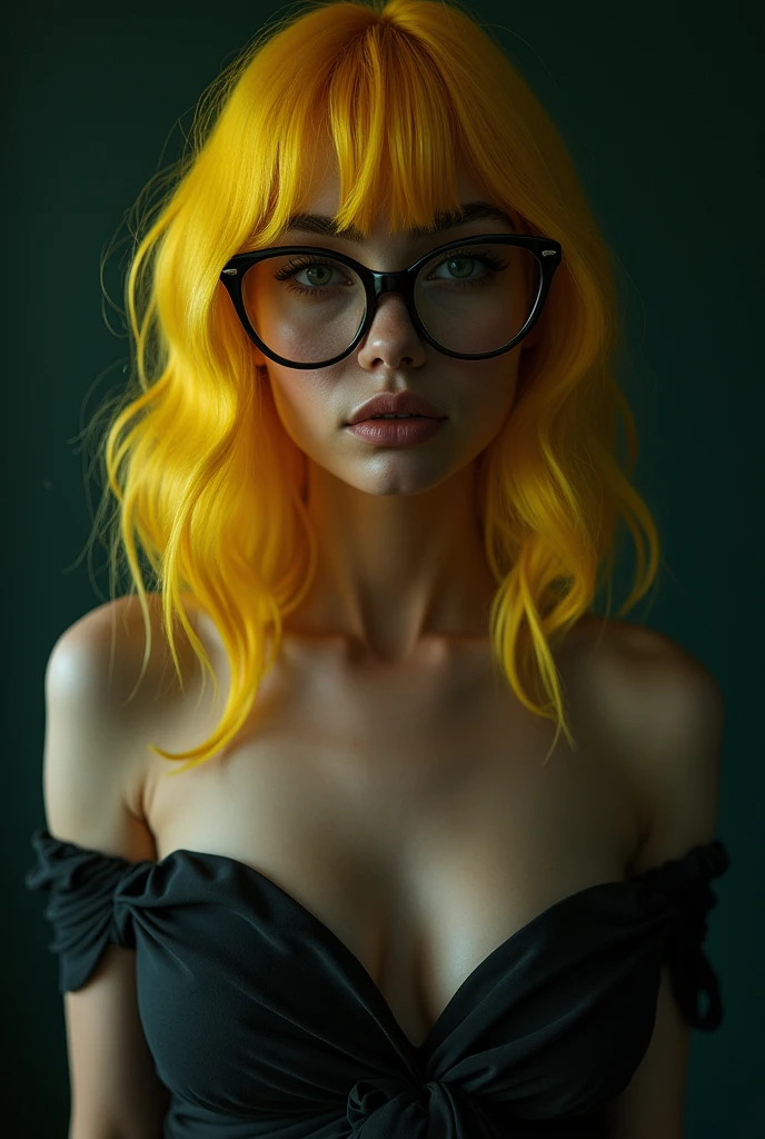 best qualityer, work of art, ultra high resolution, (photorrealistic:1.4), CRU photo, 1 girl, Off The Shoulder, huge cleavage, in dark, deep shadow, subtle, cool light, SFW, yellow hair, LARANJA E VERMELHO, round and large glasses.