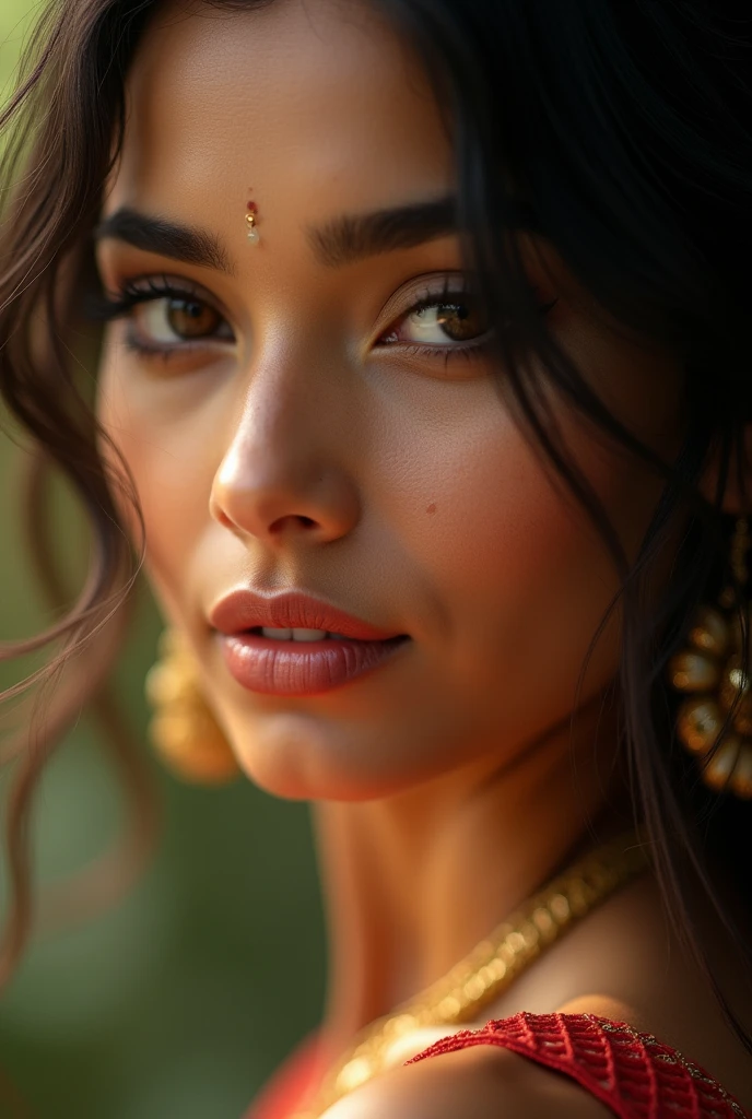 A Indian beautiful women closeup of her face showing her ears
