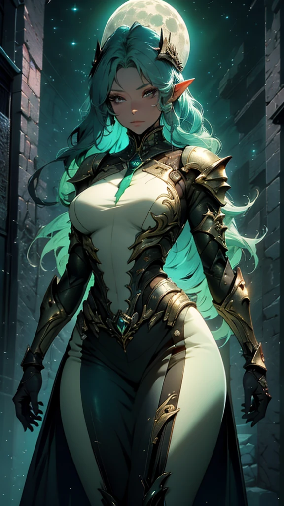 an elf with black skin and armor, a screenshot of Hazel Armor, afrofuturism, beautiful dark elf countess, beautiful paladin, of a beautiful female warframe, beautiful anime goddess with long green hair, big breasts, wearing a short dress, key anime visual, moon, intricate, hips, highly detailed, wide hips, breathtaking beauty, vibrant and sharp focus, illustration,Alta resolução,