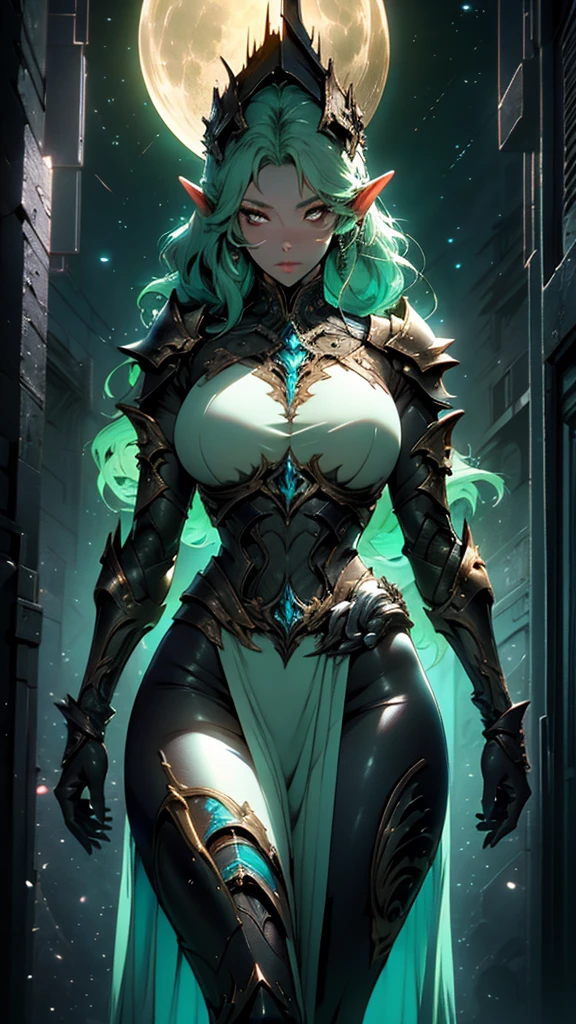 an elf with black skin and armor, a screenshot of Hazel Armor, afrofuturism, beautiful dark elf countess, beautiful paladin, of a beautiful female warframe, beautiful anime goddess with long green hair, big breasts, wearing a short dress, key anime visual, moon, intricate, hips, highly detailed, wide hips, breathtaking beauty, vibrant and sharp focus, illustration,Alta resolução, 