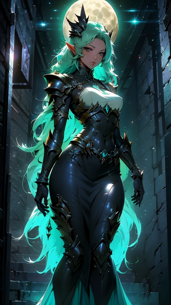 an elf with black skin and armor, a screenshot of Hazel Armor, afrofuturism, beautiful dark elf countess, beautiful paladin, of a beautiful female warframe, beautiful anime goddess with long green hair, big breasts, wearing a short dress, key anime visual, moon, intricate, hips, highly detailed, wide hips, breathtaking beauty, vibrant and sharp focus, illustration,Alta resolução,