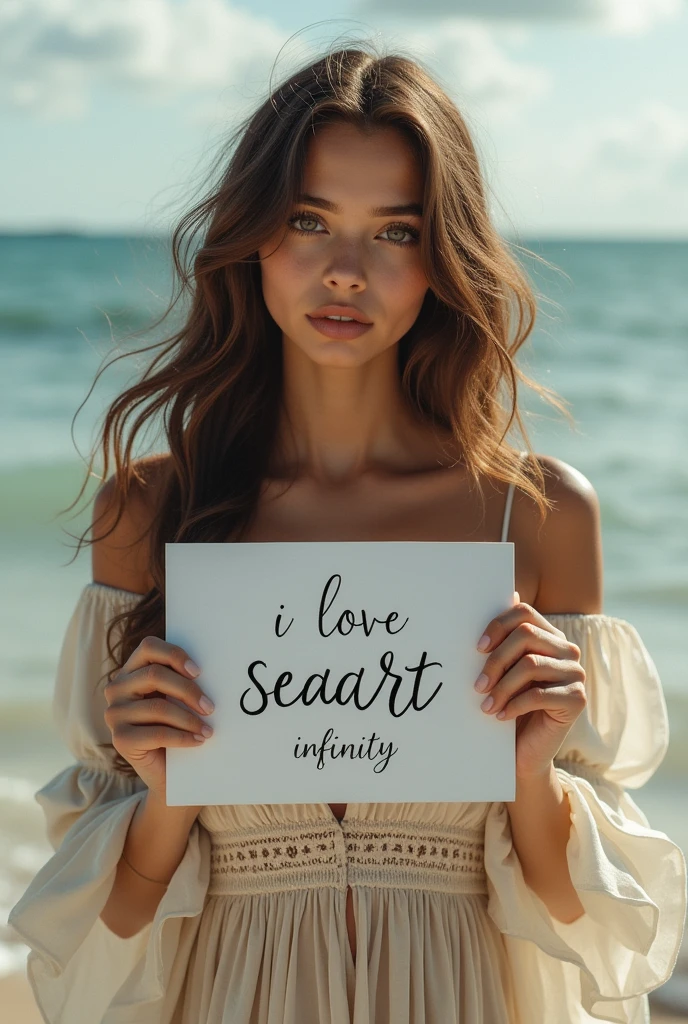 Beautiful girl with wavy long hair, bohemian dress, holding a white board with text "I Love Seaart Infinity" and showing it to the viewer