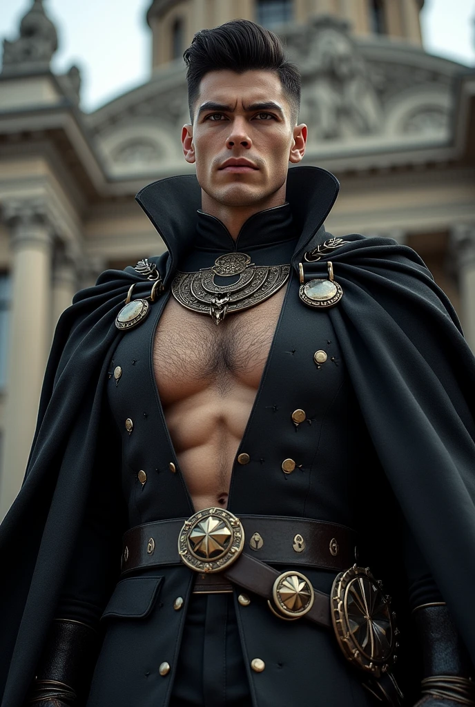 (Best quality at best,Photorealistic) ( Peitoral extremamente generosos)big huge pecs,(dark,feels) hot Wizard Young person, One guy,detailed black eyes, French-German man in uniform standing in front of building, in full military garb, in a soldier uniform, Inspired by Zhang Sengyao, in a soldier uniform, Court Costume Akira, in a soldier uniform, Imperial team, in a soldier uniform Black cloak , crown in your Head Wearing imperial equipment, Wearing a soldier's uniform, Inspired by Oka Yasuyu, Italian man wearing old samurai uniform,,。dark skin., ((Very relaxed and lazy look!)), ((Unintentionally exposing chest muscles))Handsome male, Handsome chad chin, Handsome and attractive, Handsome and elegant, Handsome man, Sexy masculine, masculine and Handsome, , Handsome, Attractive posing, attractive male, Attractive man,40-year-old man!Lift your little head,Kominan wearing an army coat(closeup portrait!))showing off his hairy pecs。(Show hairy chest muscles),),(Use a short beard collar),Wear a military uniform and wear one without buttons!Show hairy chest muscles),),(Use a short beard collar,)headspace!Charming and serious look,(Handsome man,sitting down,poorly dressed,Perfect body anatomy,Beautiful man face detail,perfect foot,perfect hand!Ultra-low angle shooting!!