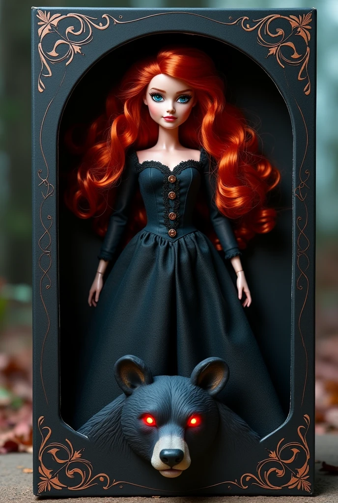 Customized Barbie doll according to hair, Princess Merida&#39;s body and face in Disney&#39;s Brave, in the style of a dark fantasy from the 80s. The doll must be inside a black cardboard box.. At the bottom of the box there should be an illustrated image of the black bear from the movie, with red eyes and bloodlust. The box should be in a romantic gothic style and should have a clear acetate lid on the front so the doll can be displayed. 