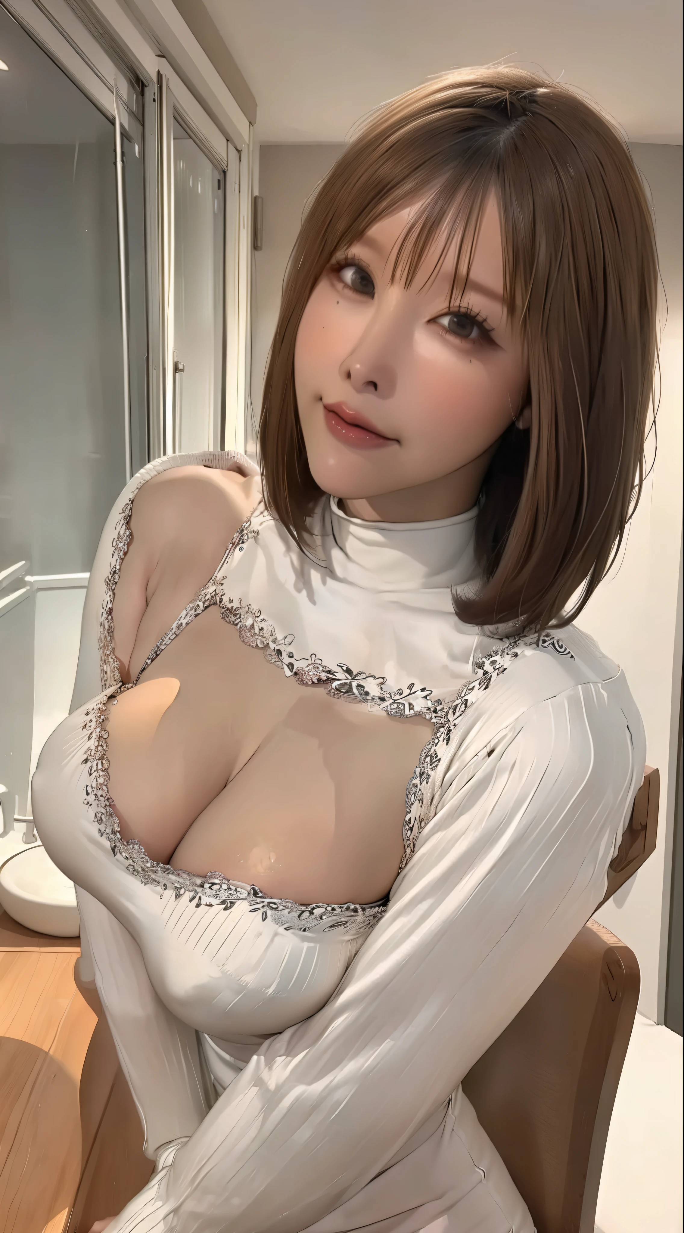 a Japanese  idol wearing a turtleneck sweater, (((masterpiece))), ((Highest quality)), ((Intricately detailed)), ((Surreal)), Absurd resolution, , Mature Woman, perspective, Very detailed, figure, One girl, ((Very huge face bigger breasts)), Perfect hands, Detailed fingers, Beautiful attention to detail, short hair, Brown eyes,(turtleneck:1.2), Tight Skirt, Detailed Background, choker, Perfect Eyes, Seductive eyes, Looking at the audience, from the front