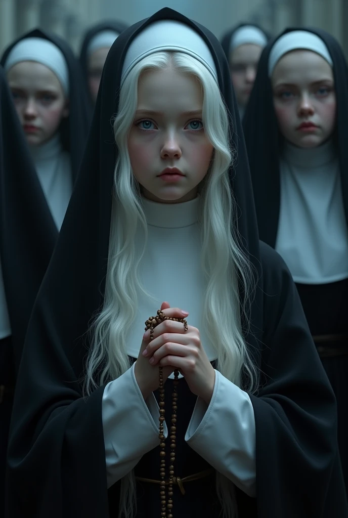 Albino girl with long white hair, from the realistic middle ages, blue eyes white nun clothes holding a rosary, the night, with a religious group behind, detaileds.