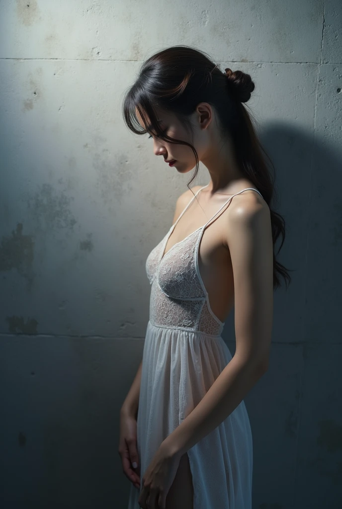 (Highest quality:1.4),(masterpiece:1.4),(Realistic:1.4),(Realistic:1.2),(超High resolution, RAW Photos:1.4),(High resolution, Very detailed:1.2),(8k:1.2),photograph,(Shot from behind:1.3)、Korean women、brown hair photos,One Woman,alone,(In underwear),Very large breasts,((Thigh to head shot:1.3))、(((topless、You can see her large breasts from the side.)))、((Smile))、((Very large breasts:1.4))、Realistic skin textures、Slightly freckled、Slender figure、Realistic skin textures、((background,Concrete wall:1.3)),(topless,The breast is visible from the side:1.6),(Long lace slip,White)、3 woman、The angle at which the nipple is not visible、((Updo long hairstyle))、((White,Long lace slip:1.4))、Correct toes、Detailed facial features、Long slip covers the buttocks and soles of the feet、Long slip covers your butt、