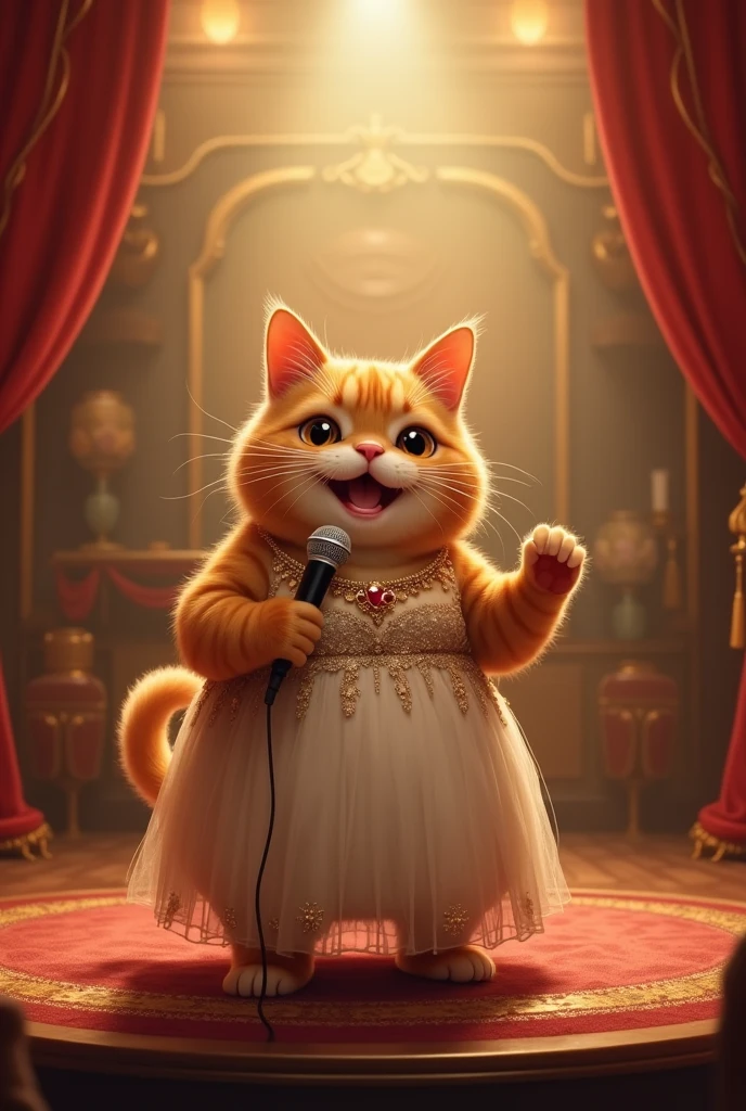 the beautiful small ginger fat cat wearing beautiful dress in the maike in his hand standing in the beautiful stage singing the song.