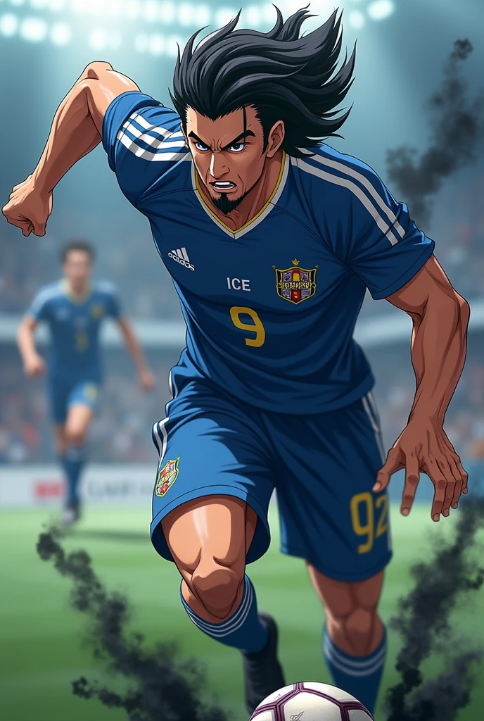 Create a football player with black wavy hair, wears a goatee and has the number 9 on his shirt, on the shirt it says ICE and he has black smoke around his body, he has in an attacking action position, make it in anime format, he is a mature and serious player, behind him there is a blurred field