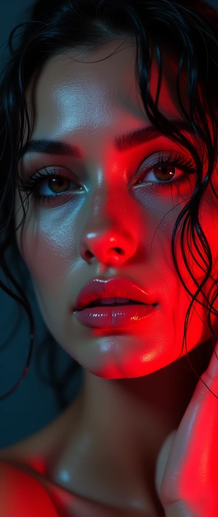 neon eyes, wet hair, wet drops on the face. Portrait of Lucy Pinder, sexy face, bitten lips, boca, language, sexy, Seductive, Hyperrealism, photorealism, 7k better , Whole body, nude, naked , medium breasts and wide hips