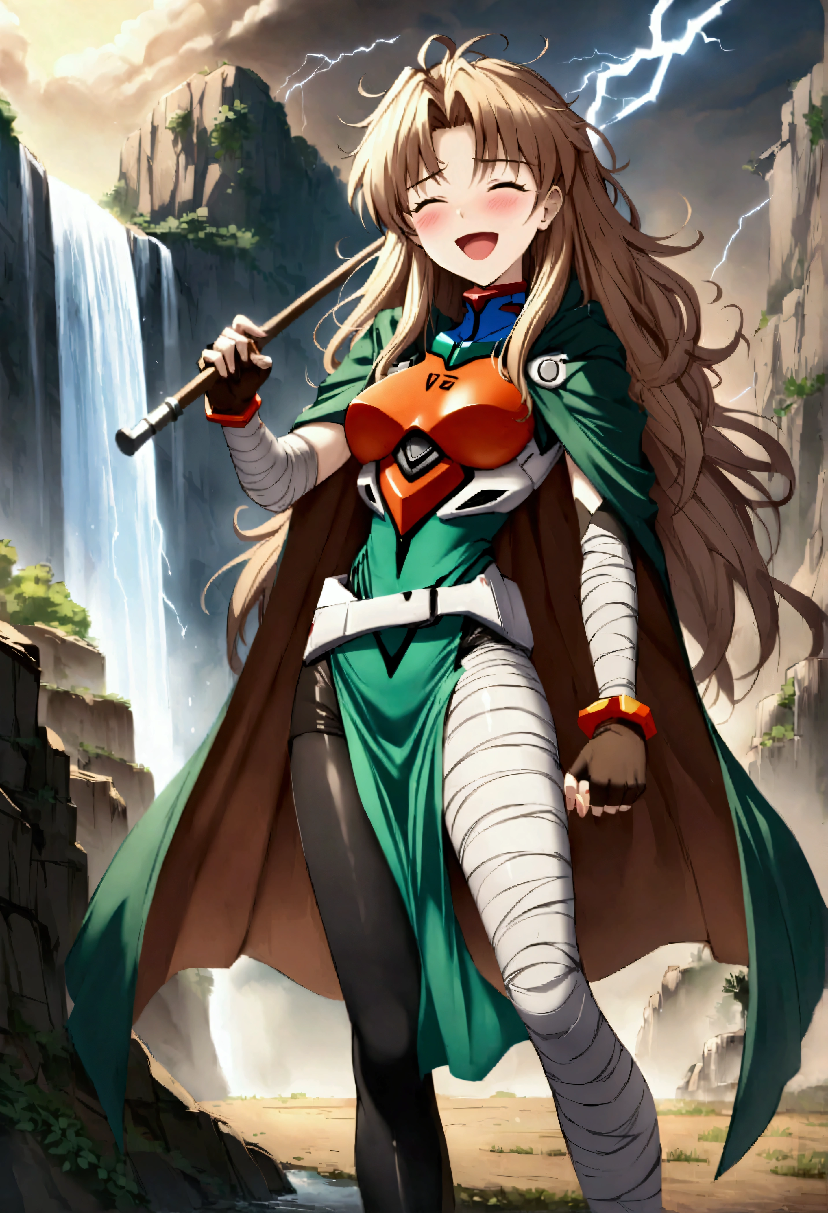Masterpiece、Highest quality、Super detailed、Female character concept、Amazing artwork、Highest quality、High resolution、、Frizzy, messy hair、Pale orange、Holding an umbrella、laughing、Eyes closed、happiness、Blushing、、Hidden Waterfall、Misato Katsuragi from Neon Genesis Evangelion、Janef、Long Hair、Cape、breastplate、mask、Helmet、belt、skirt、Pelvic Curtain、leggings、Single Bracer、Bandaged leg、Fingerless gloves、Have a hammer、lightning、electricity