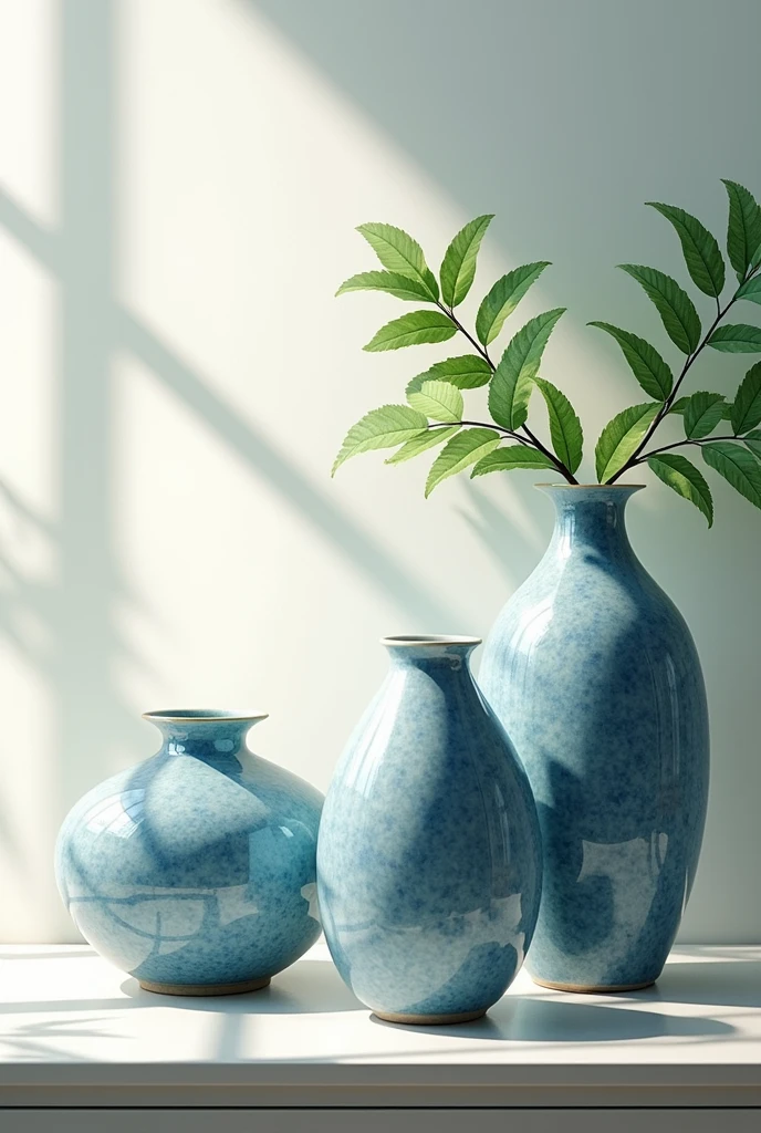In front of the sunny wall in the fresh morning, there are three textured blue and white porcelains of different heights and shapes. (master art work)There is a green plant on it. Jianfu style art style high resolution image. Surreal texture high resolution., Digital painting, Delicate