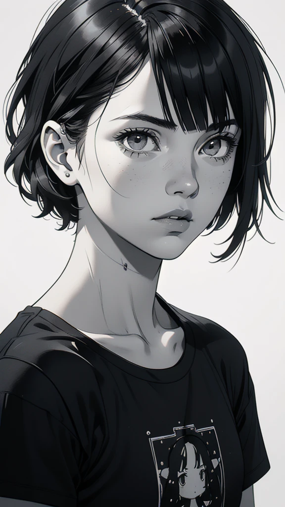 1 boyish girl, solo, sharp eyes, expressionless, monochrome, greyscale, short black hair, portrait, white T-shirt, closed mouth, looking at viewer, graphite \(medium\), detailed lips, hatching \(texture\), without makeup, bangs, upper body, (best illustration), (best quality), (very detailed), (masterpiece), expressionless, perfect lighting,