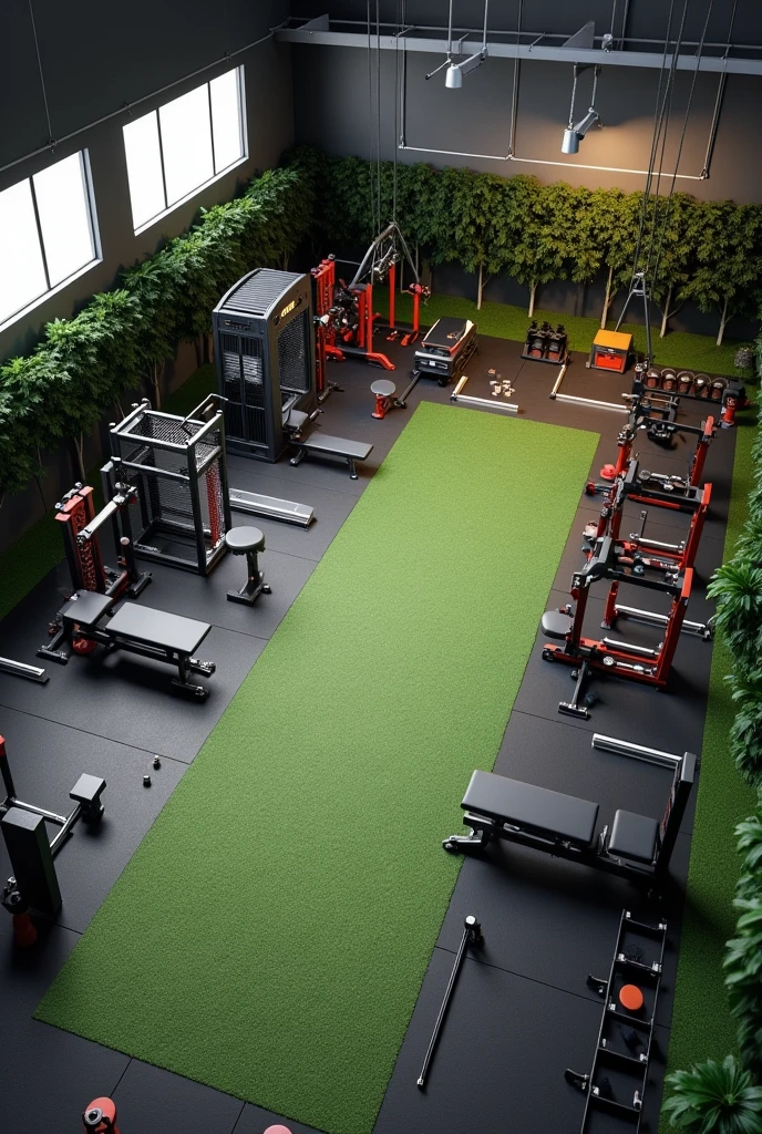 We have a space of 40 meters long by 10 meters wide.. Where are we going to build a fitness center?, You are going to make a realistic image where within these measurements there are 20x10 meters of artificial grass and 20x10 meters of black mats , and open 3 machines a power cage, a multifunctional pulley and adjustable benches, In addition to cones and weight discs , dumbbells, pellets, jump box, trx. Make a realistic image of my fitness center with everything I told you above.