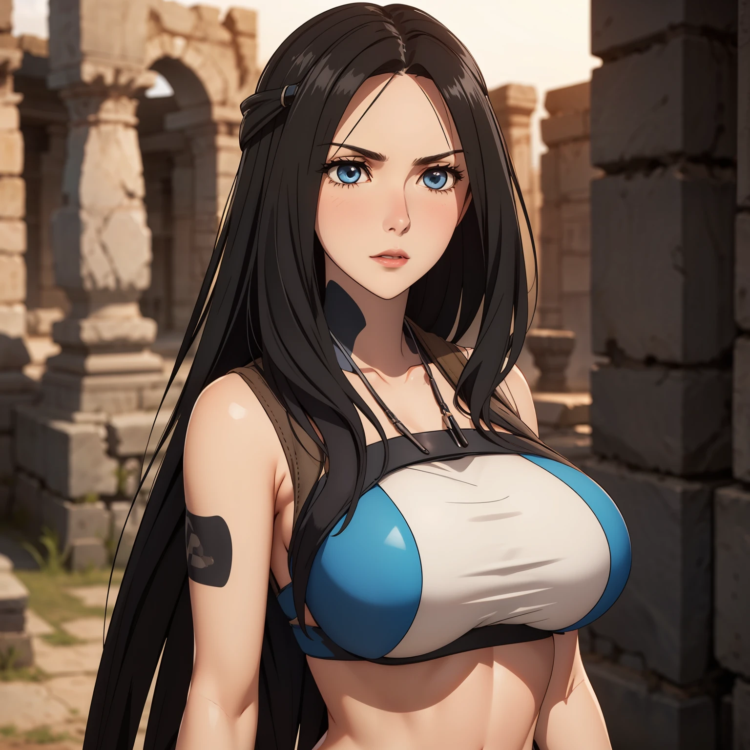 One day. 30 year old woman. black fur . light blue eyes, big breasts,serious expression, blush, Pale skin, big breasts, lara croft, ancient ruins background.