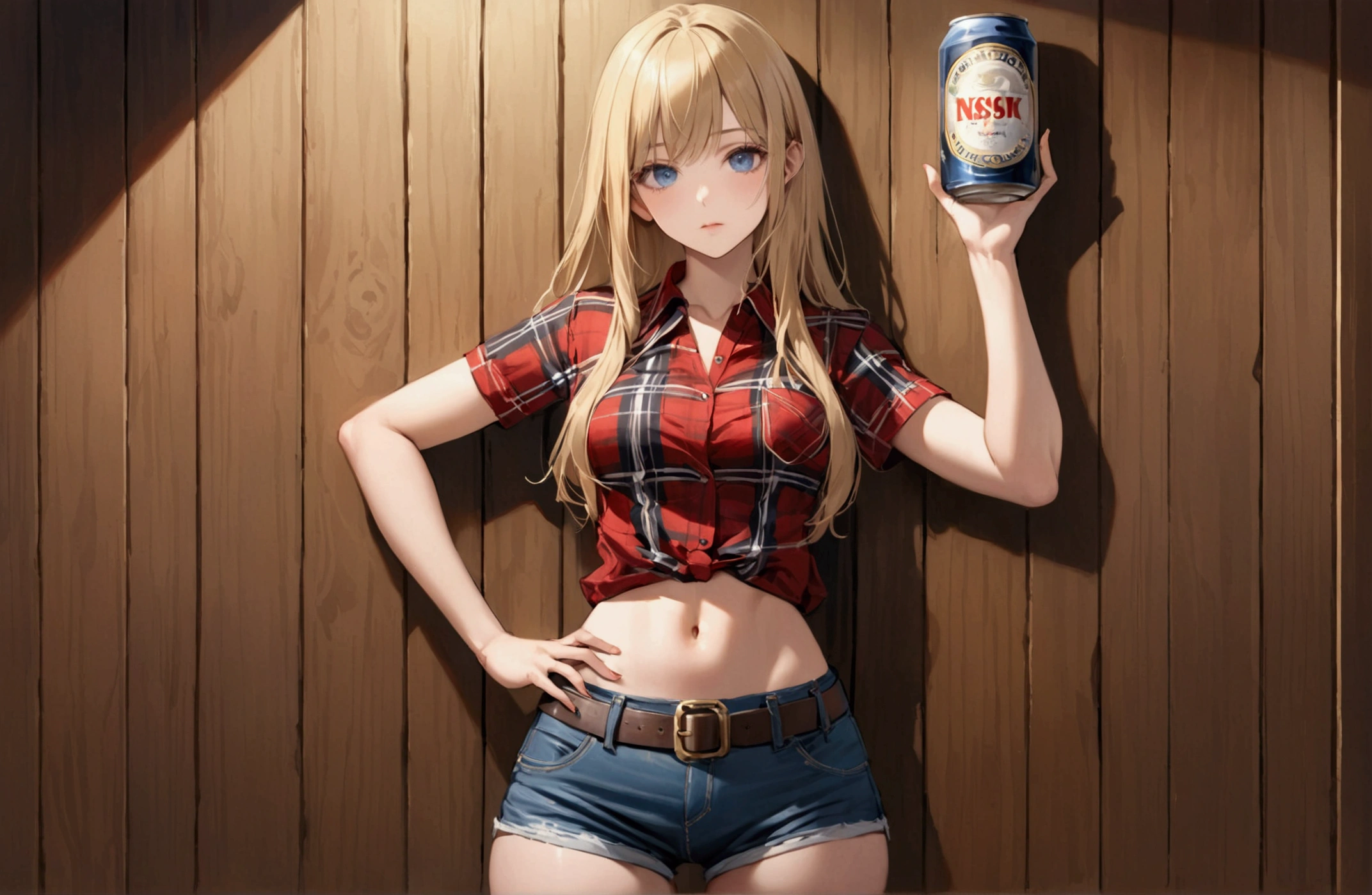 Woman with long blonde hair, blue eyes, Athletic build, Red plaid tight-fitting short-sleeved collared cowgirl shirt, clock, Navel exposed, Denim hot pants, Brown belt with oval buckle, Please stand up straight, Very drunk,In front of a wooden wall,can of beer,Front view,Cowboy Shot,16K, Highest quality, masterpiece, Realistic, detailed