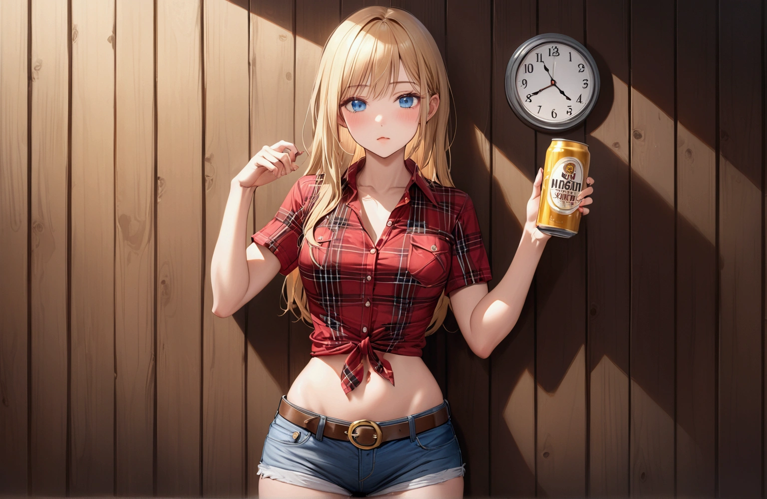 Woman with long blonde hair, blue eyes, Athletic build, Red plaid tight-fitting short-sleeved collared cowgirl shirt, clock, Navel exposed, Denim hot pants, Brown belt with oval buckle, Please stand up straight, Very drunk,In front of a wooden wall,can of beer,Front view,Cowboy Shot,16K, Highest quality, masterpiece, Realistic, detailed