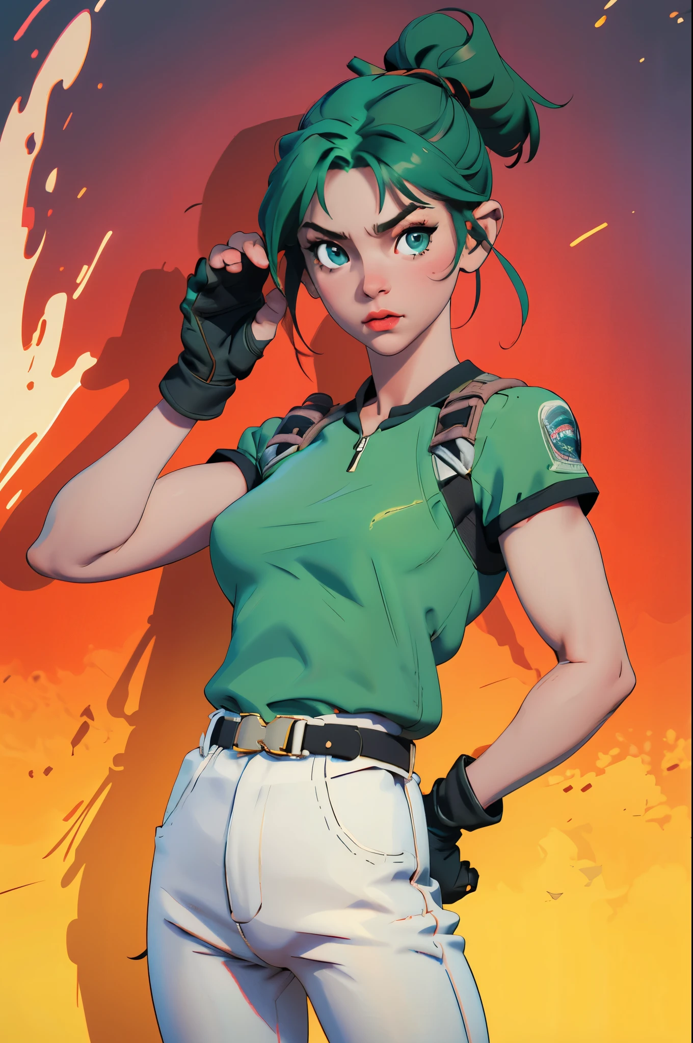masterpiece, best quality:1.2), expressive eyes, perfect face, highres, 1 girl, solo, (female:1.5), chris redfield, green taut shirt, white pants, fingerless gloves, belt, hands to hip, standing, portrait, looking at the viewer,