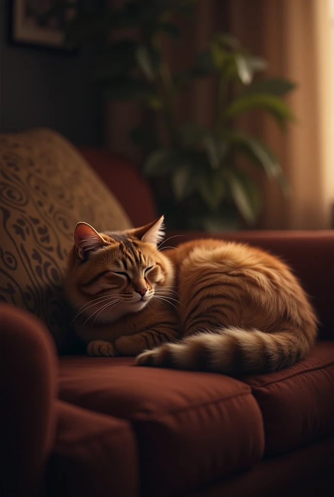sofa、Brown tabby cat、Relax、dark