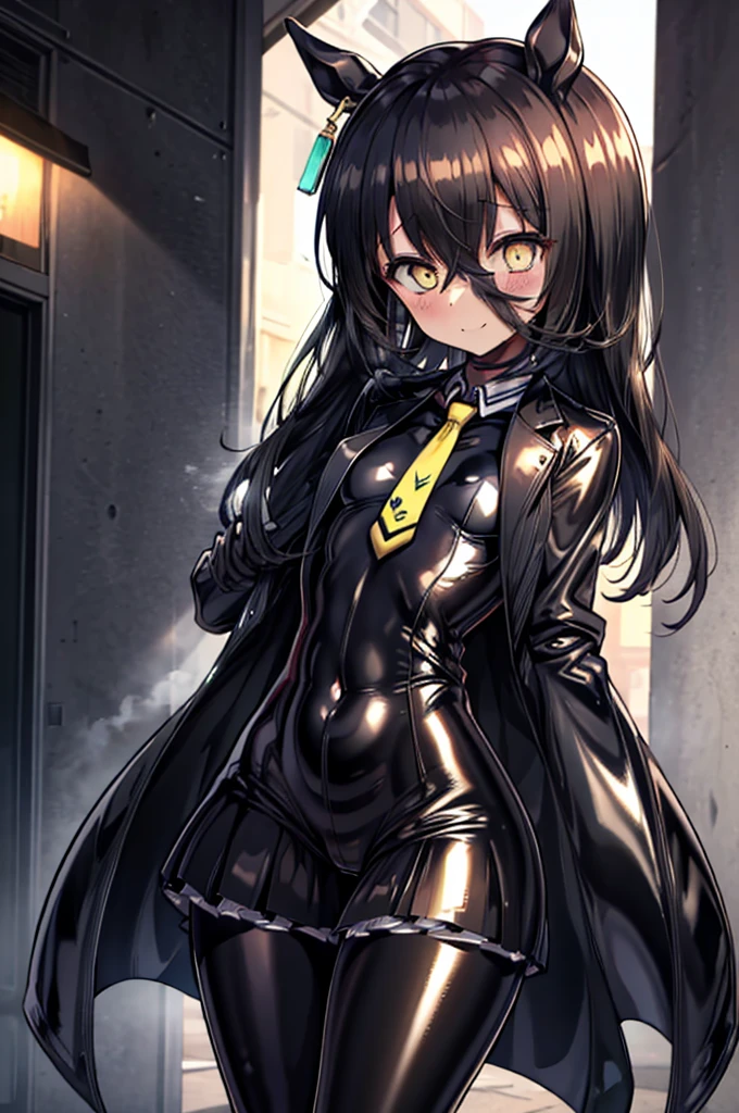 masterpiece, Highest quality:1.2), Manhattan Cafe(umamusume), One Woman, alone,Glowing Skin、Yellow Eyes、Eyes without highlights, ((blush)), Black Hair, Long Hair, Straight Hair, Thick legs、Are standing、Cowboy Shot、smile、((latex))、(Shiny black skirt, Skin-tight rubber suit, Zipper stretches from neck to crotch)、Shiny yellow tie, ((Glossy black jacket, Light-reflecting jacket)), Rubber gloves, pantyhose、