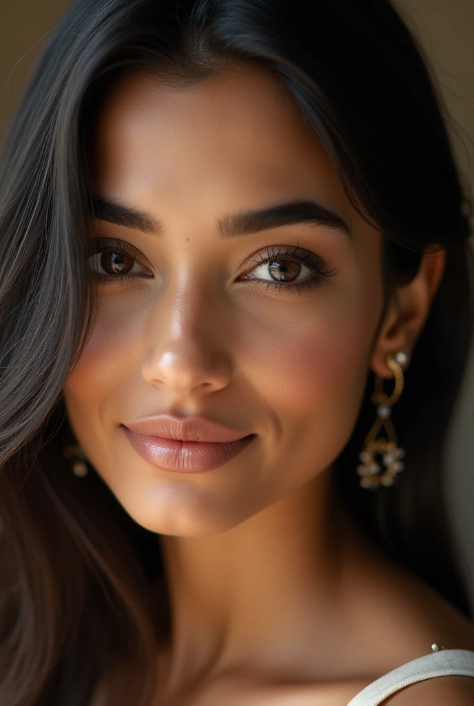 A Indian beautiful women closeup of her face showing her ears without wearing any earing