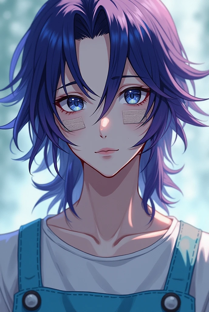Generate in the rangrarii art style an attractive purple-haired man (mullet cut) with two long black locks, blue eyes, several freckles on her face, White skin, two bandages on his cheeks, a white shirt with a white shirt and a sky blue apron