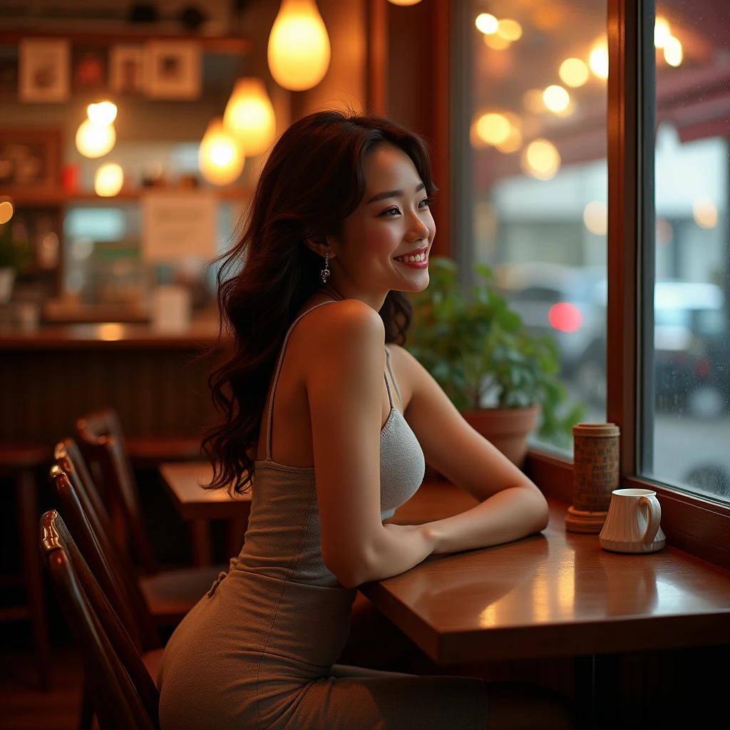 generate a master photograph describing a shapely Woman, a cozy scene inside a warmly lit café, (8K, best quality), she has a physique like Zendaya and Lin Chi-ling, young women, smile, brown hair, black hair, asian skin (big chest, small tiny waist, big breasts), sitting by the window, holding a steaming cup of coffee and gazing out at the city street. Soft, warm lighting enhances the comfortable, inviting atmosphere, (She has sexy buttocks, Most sexy booty, Most sexy glutes), Womanly, Womancore, (She has fit hips, sexy hips, sexy fit hips, extremely sexy hips), (asian skin, glistening skin, beautiful complexion), shot on Fujifilm superia, (Studio soft light, high detail, cinematic lighting, rim lighting), Style: (hyperrealistic, by DynastySeries FashionNova, photo, {{{masterpiece photography}}}, analog photograph, professional fashion photoshoot, trending on artstation, synthwave, krrrsty), Quality: (photographed, masterpiece, highest resolution), Definition: (highres, sharp focus, 8k uhd, ultra photo-realistic resolution), Film: (80 mm, shot on portra 120, shot on Fujifilm), Resolution: (extremely detailed, (sharp focus:1.5), cinematic lighting, dramatic lighting, ultra photo-realistic), luxury: