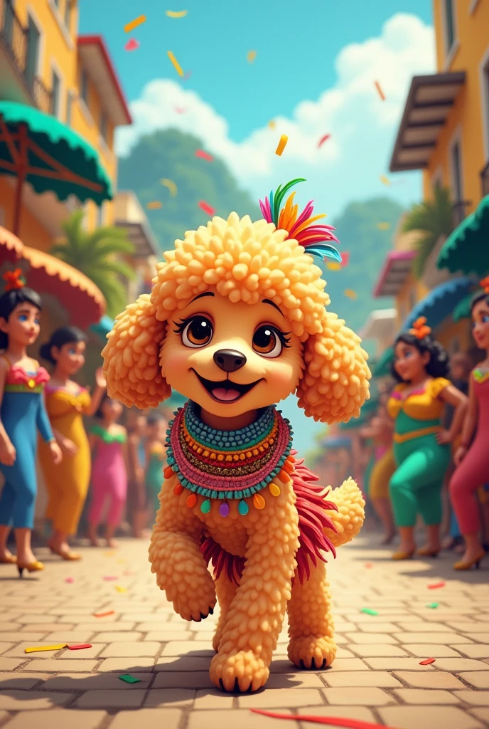 in cartoon style,  the cute male apricot poodle, very carnivalesque, strolling through the Rio de Janeiro carnival, in Brazil 