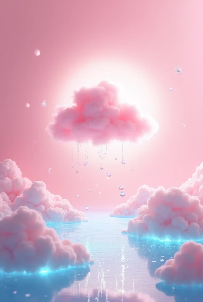 A delicate pink cloud floating in the sky, surrounded by sparkling water droplets. Below, a serene body of water glows with a soft blue hue. The entire scene is set against a vibrant pink background, creating a dreamy and enchanting atmosphere