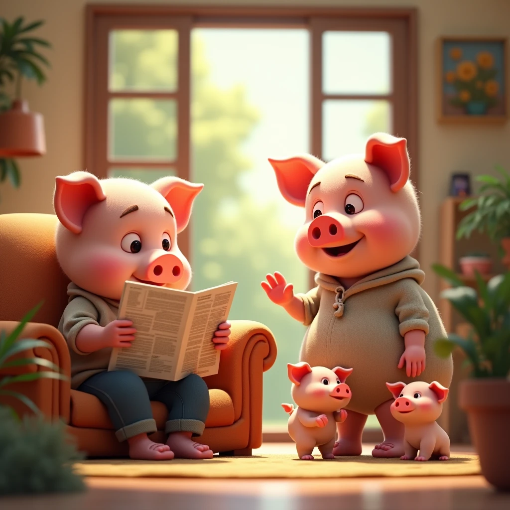 pixar style, 3d, 2 pigs, 1 father pig is on the left sitting on the couch reading newspaper and on the right is 1 mother pig cleaning house and waving goodbye to the piglets at the door, game button art, Game illustration, lovely digital painting, artstation for art, Official artwork, key art, mobile game art, cover game art, zootopia concept art, (soft lighting:1.3), (green and earthy color scheme:1.3), (highly detailed), (ultra quality:1.3), (masterpiece), (digital art), 8K resolution, HDR, depth of field, (soft shadows), (photorealistic:1.3), (animation:1.2), (by Greg Rutkowski:0.9), (in the style of Alphonse Mucha), trending on ArtStation, award-winning art, 3d style