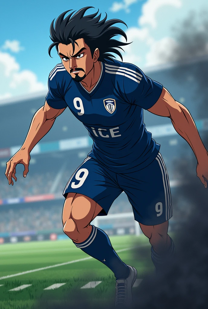 Create a football player with black wavy hair, wears a goatee and has the number 9 on his shirt, on the shirt it says ICE and he has black smoke around his body, he has in an attacking action position, make it in anime format, he is a mature and serious player, behind him there is a blurred field