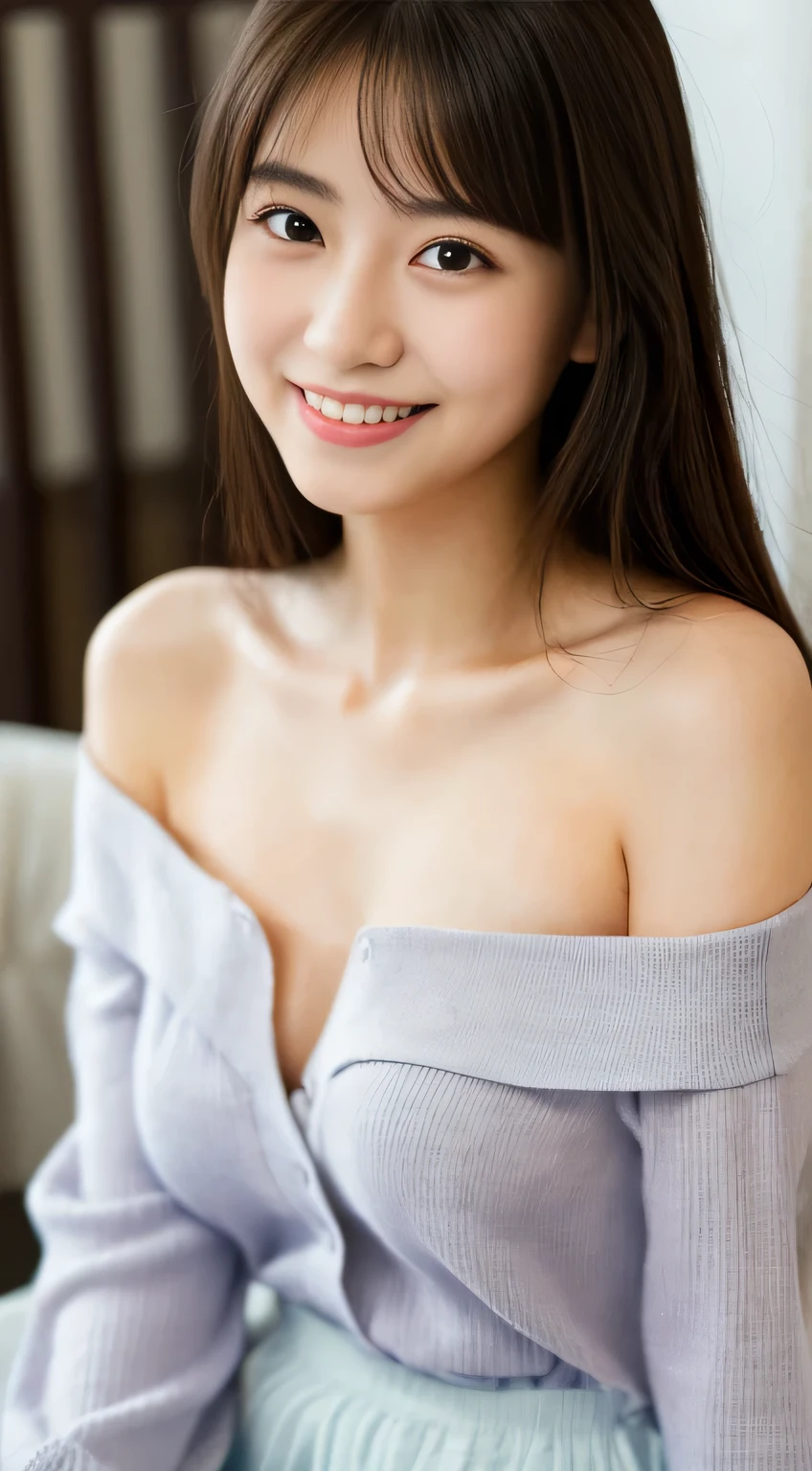 masterpiece,best quality,(Japanese girl),((Beautiful girl)),cleavage,(off shoulder:1.2),(perfect body beauty:1.2),(shy smile),From slightly above