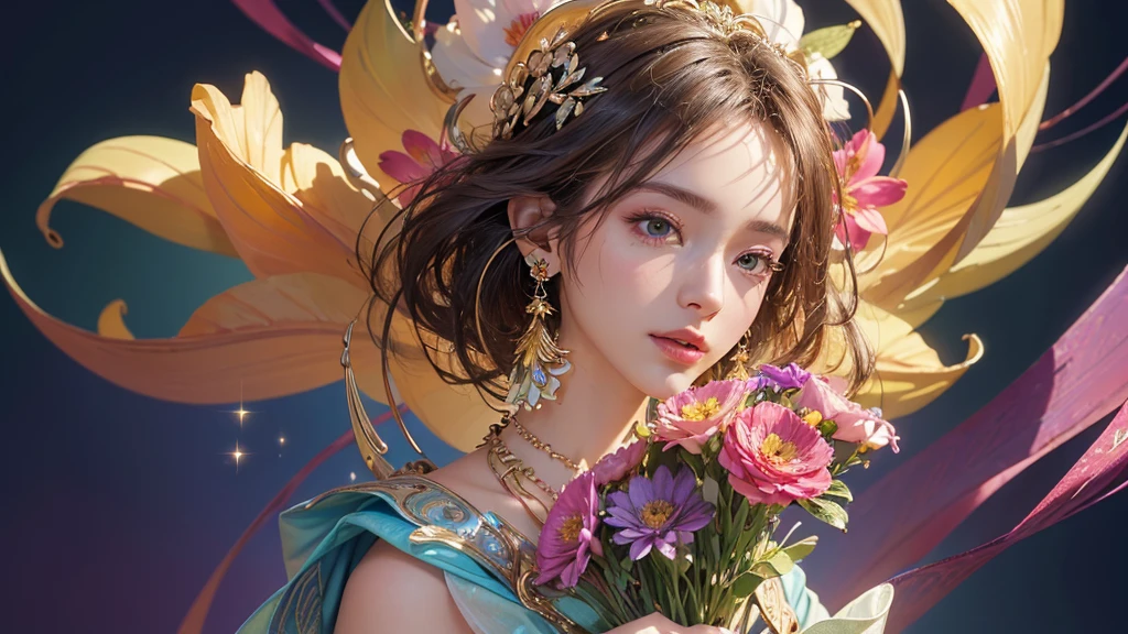 32K, 最高quality, 最高masterpiece, (ultra-Detailed Background, Detailed Background), High resolution, Super detailed, Very detailedな, 1 personの, (bouquet:1.3), (Tangled:1.2), (Geometric:1.2),(colorful),(masterpiece, quality, best quality, Official Art, Beautiful and beautiful:1.2), (1 person:1.3), Very detailed,(colorful:1.1)(Flowers:1.3),Most detailed,(Tangled:1.2), whole body, (Abstract background:1.3), (Skin glows), (Many colors:1.4), ,(Earrings Jewelry:1.5), Gradient Background, Beautiful and sparkling background, It's imaginative., Flaxen Hair,