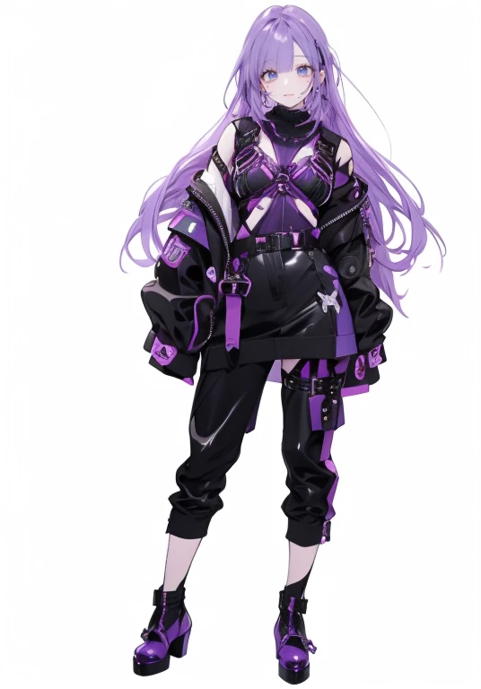 Purple Hair,Long Hair,girl,1 person,,((Body Harness)),,belt,((Heel boots)),cyber punk,Simple white background,smile,((full body)),whole body,Portraiture,Character Sheet