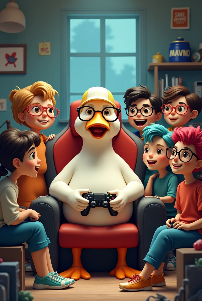 The capped goose is sitting on the gaming chair with a big smile, holding a video game controller as he seems to be enjoying the game. Next to him, a group of young and adult gamers with vibrantly dyed hair and large-framed glasses are seen. Both display a relaxed and friendly attitude, reflecting the positive energy and connection between the brand and the gaming community. In the background, you can see a disorganized room, some posters of popular video games and a shelf with Gansito brand products.e posters of popular video games and a shelf with Gansito branded products.