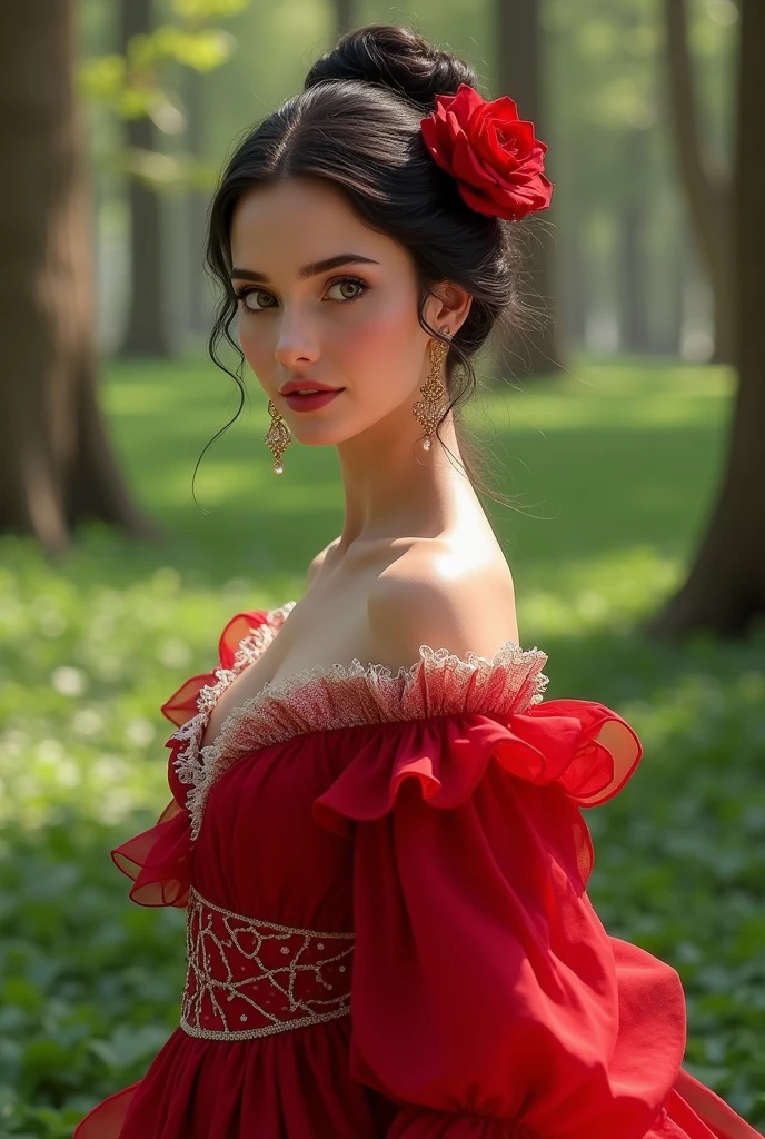 Woman Jennifer connelly Young 20 years old model long hair Brow bun with red rose in hair n blue eyes dress arabe red ballet flamenco sevillana ruffles white lace long gold earrings diamonds in park 