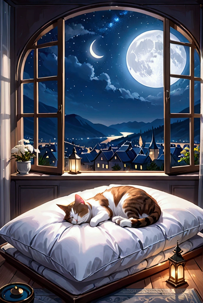 Cat sleeping on a pillow, ,Windows with a beautiful view, Night Sky, moon