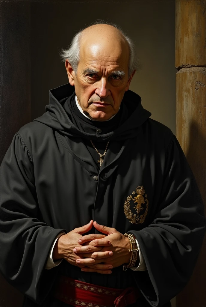 masterpiece, realist, old painting, Renaissance style, visual impact, high contrast, black dark background, (Miguel Hidalgo) hero of Mexico&#39;s independence, man with white hair and bald, tied by the arms, and shocking look,(the noble priest), prepared to be shot, and in the background you can see traces of the war, in attack position, high quality, lights and shadows rembrant style, tenebrismo, Caravaggio, (the priest Miguel Hidalgo)