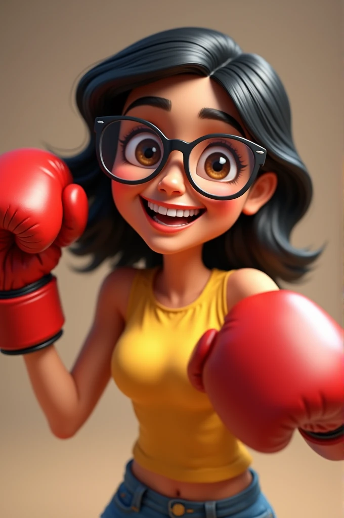 young adult woman with light brown skin, black hair, loose hair, medium hair length, dark brown eyes, shiny square thin-framed glasses, rounded face, wears red boxing gloves, with her left hand raised upwards and her hand right to the happy side and open smile very excited, animation 3d
