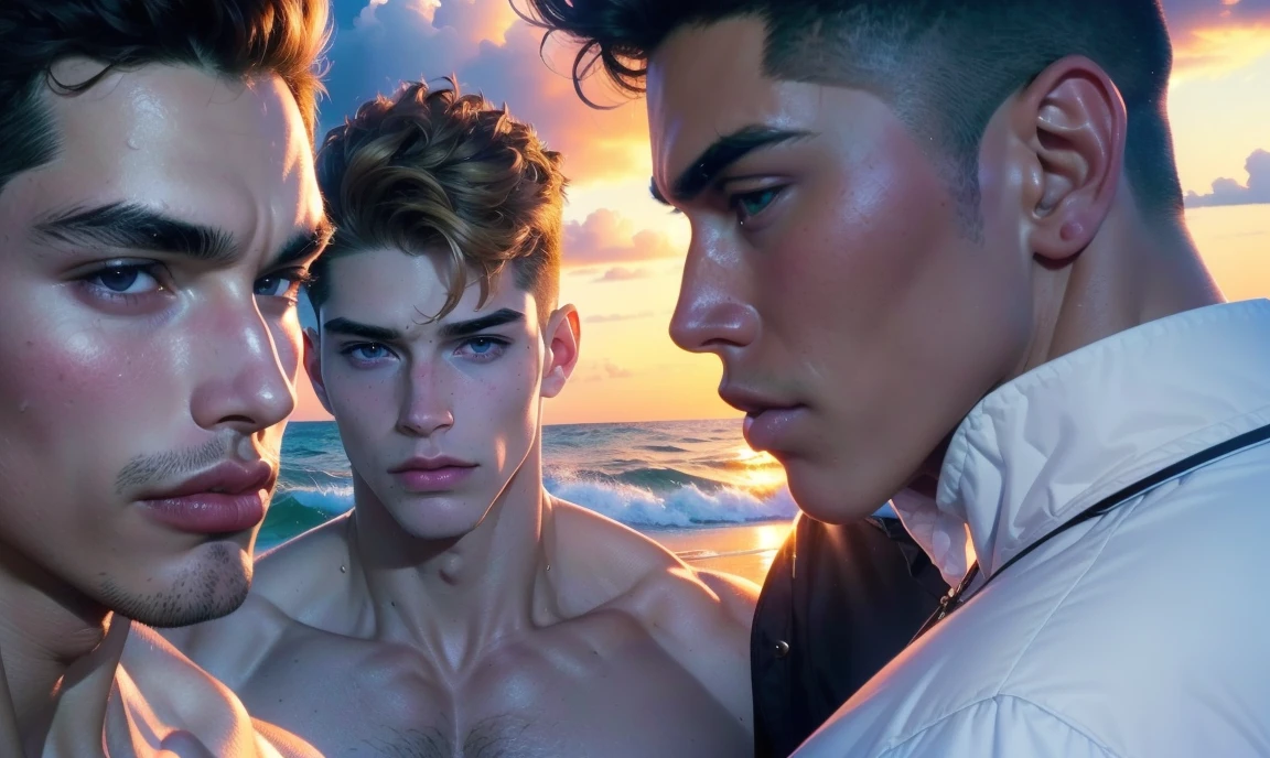 [((highly detailed, detailed eyes, detailed face, clear and realistic facial features, photorealistic, realistic light, cinematic, standing close together, close up)), ((((3 men, each man looks unique, each man has a different natural hair color and different facial features and skin color)))), (((sexy male college-age jocks standing on the beach looking aroused))), ((smirking)), ((dilated pupils and flushed skin)), ((wearing casual clothes)), ((beautiful deserted tropical island with a storm in background))]
