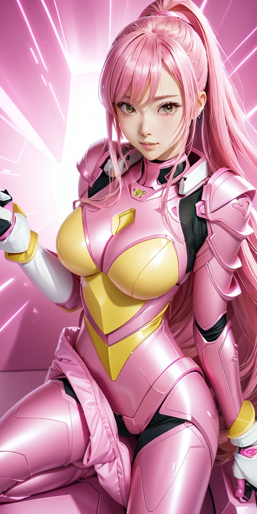 a cartoon picture of a woman in a pink outfit with a heart, nanogirl, android heroine, oppai, shining pink armor, streamlined pink armor, marin kitagawa fanart, slick pink armor, portrait of a female anime hero, nanogirlv 2, ultra mega super hyper detail, ultra mega super hyper beautiful, full body zenkai! asuka suit