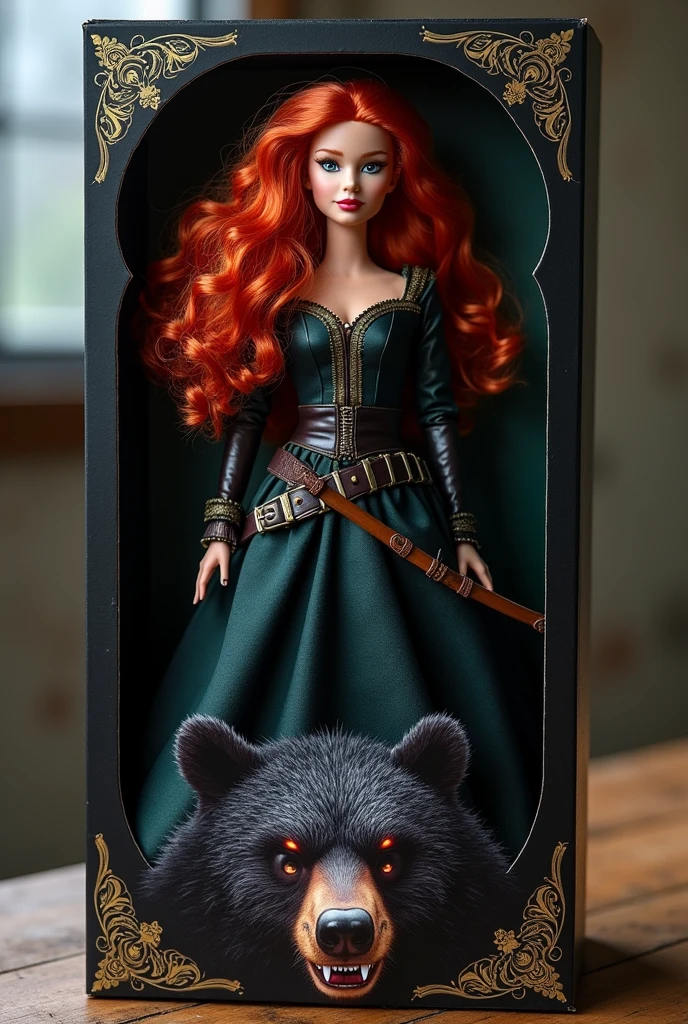 Customized Barbie doll according to hair, Princess Merida's body and face in Disney's Brave, in the style of a dark fantasy from the 80s. The doll must have a bow and arrow, and must be inside a black cardboard box. At the bottom of the box there should be an illustrated image of the black bear from the movie, with red eyes and bloodlust. The box should be in a romantic gothic style and should have a clear acetate lid on the front so the doll can be displayed.