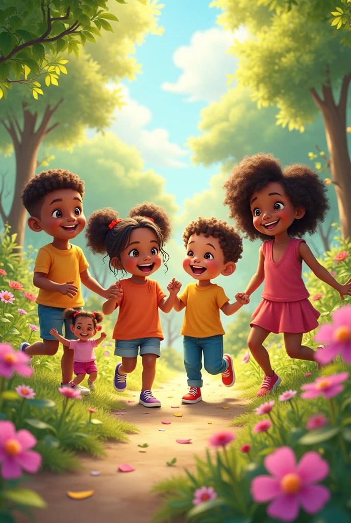 The scene should show several children with different skin tones, dressed in colorful clothes. Some of them are holding simple toys like balls and dolls, while others are playing happily in a flower garden. The setting should convey the positive energy and innocence of children, with vibrant cores and a happy atmosphere