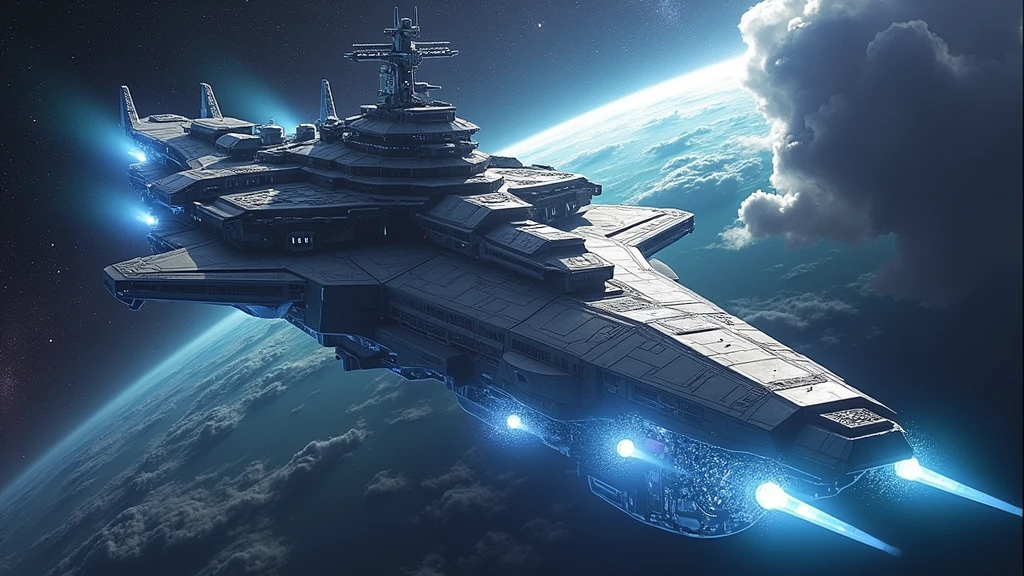 (masterpiece:1.2,of the highest quality,ultra high resolution,Super detailed),8k,Wallpaper,realist,(Canon style DSLR),BREAK(A battleship-shaped spaceship heads toward the galaxy with Earth behind it.),(sf:2.0),(Una nave espacial aerodynamic inspirada en el acorazado Yamato y los Destructores Estelares.:2.0),(A small Earth can be seen behind the spacecraft:2.0),(The background is outer space and Earth:2.0),(dynamic,Great impact,dynamic angles:2.0),(Beautiful light particles emanate from the wave motion motor at the stern:2.0),(Equipped with a wave motion cannon on the bow:2.0),(Equipped with 3 main guns)
